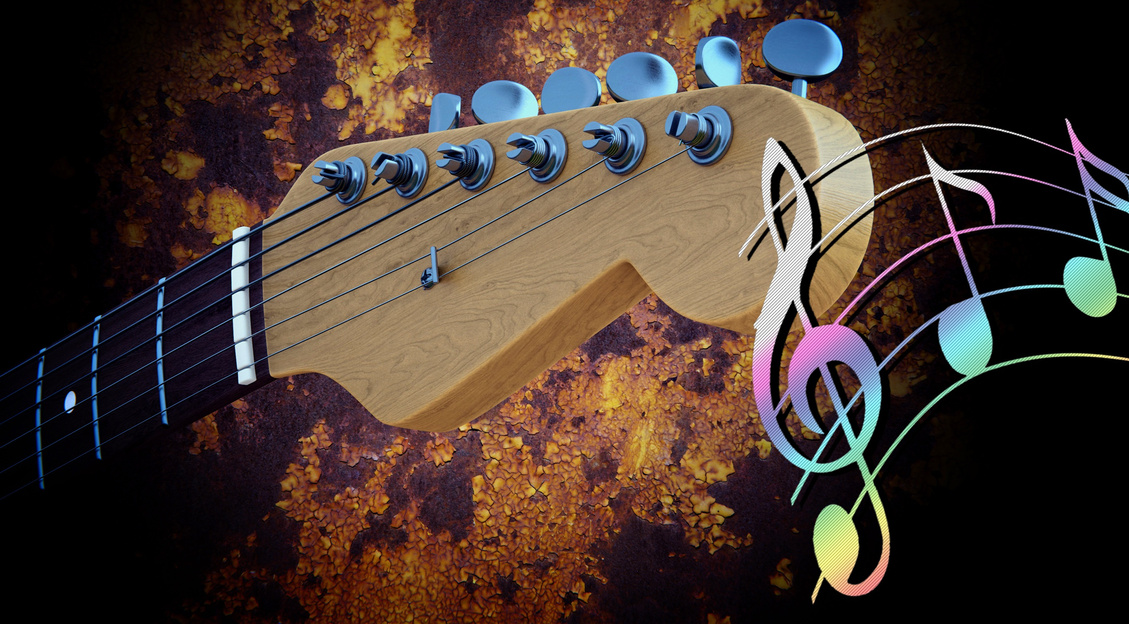 Photographic Composition Of Guitar And Musical Notes Designs